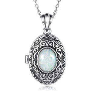 Sterling Silver Locket Necklace for Women: Oval-Shaped Opal Locket Pendant